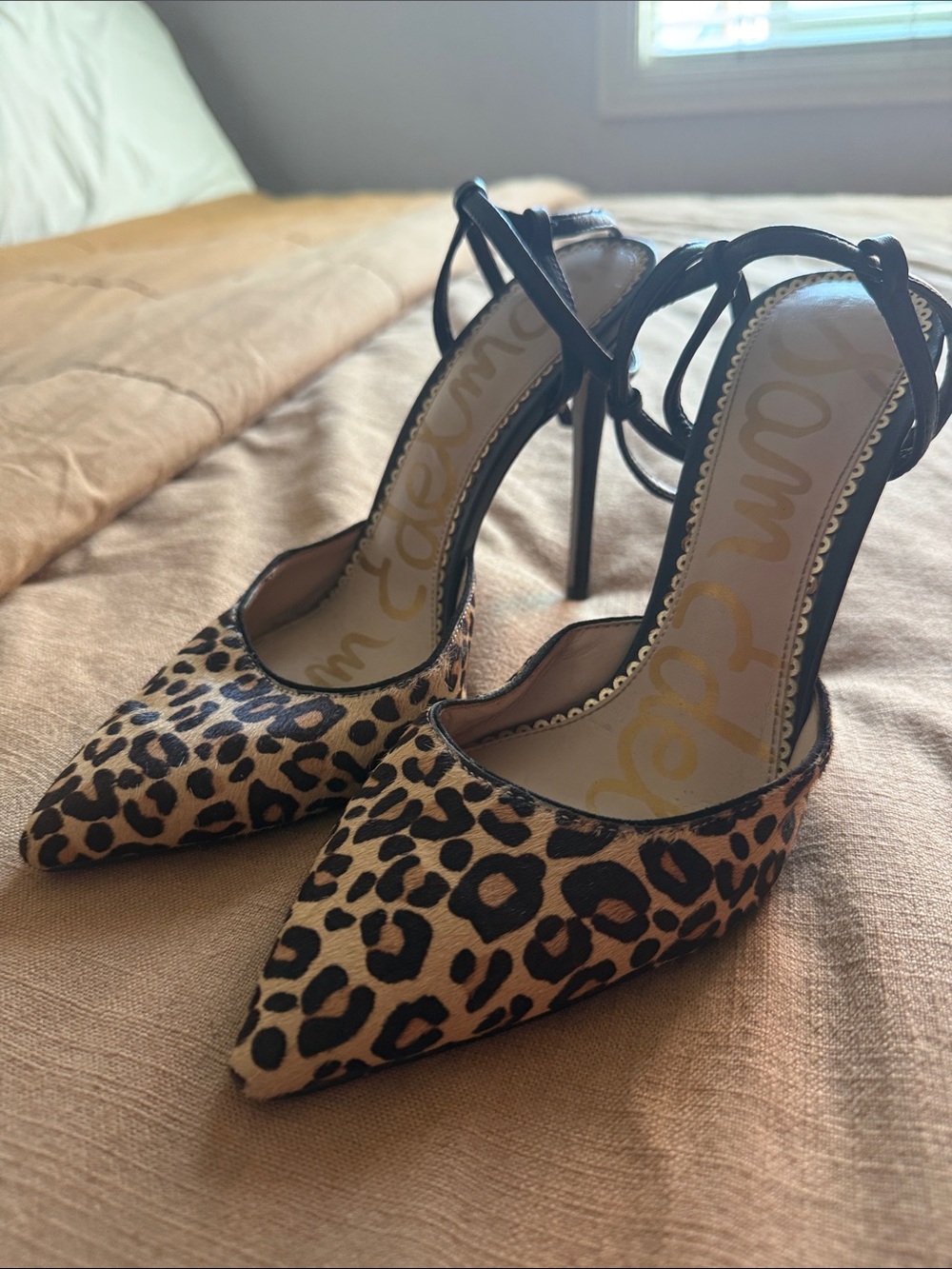 Sam Edelman Leopard Print Pointed Toe Ankle-Tie Heels - Black/Tan